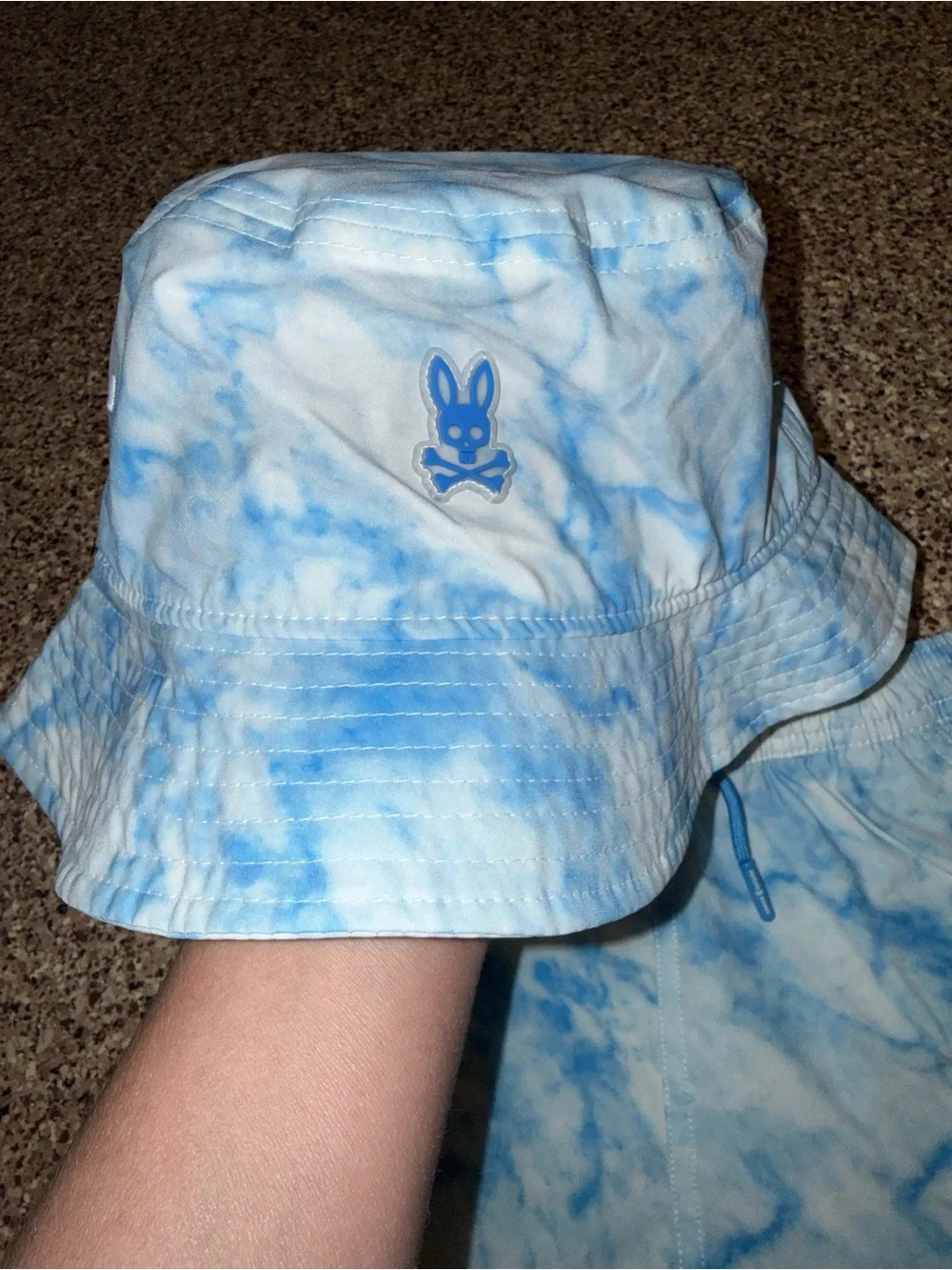 Psycho Bunny boys shorts Blue Tie-Dye Swim Trunks and Bucket Hat 4 years